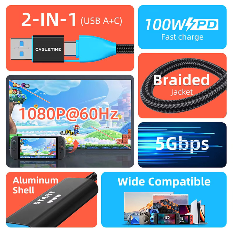 CABLETIME 2-in-1 USB-C und USB-A Videoaufnahmekarte in Schwarz mit 100W PD, 1080P@60Hz Full HD und 5Gbps für Tablet, Laptop und Nintendo Switch - Bild 2