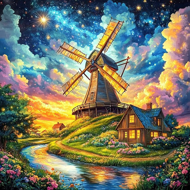 EverShine Diamant-Gemälde Windmühle und Haus als DIY Mosaik-Landschaft in Nachtlandschaft-Optik, Multicolor, B/H: 20 x 20 cm - Bild 1