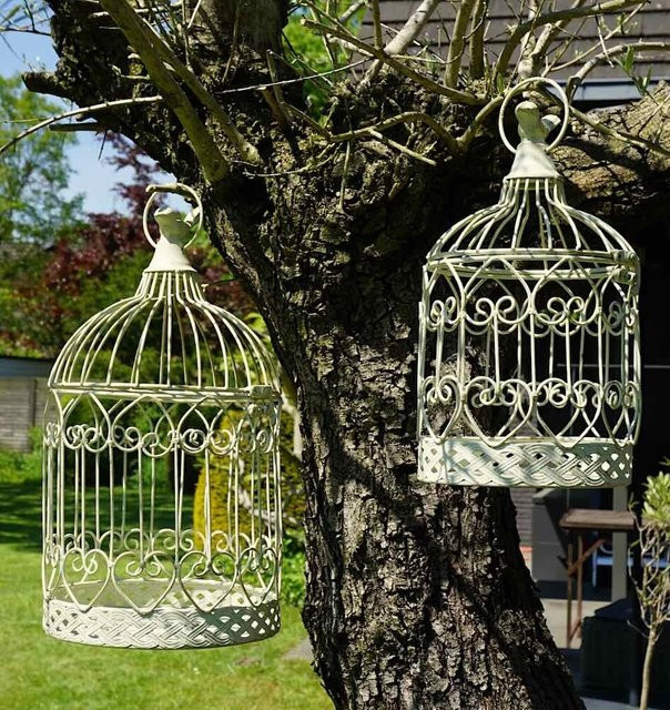 2er Set Deko Vogelkäfig im Shabby Chic Stil von zeitzone in Weiß aus Metall mit Aufhänger - Bild 1