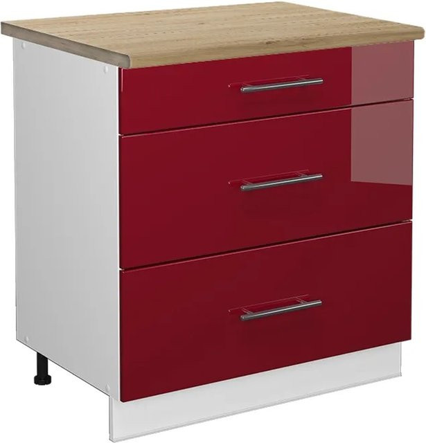Vicco Küchenunterschrank Fame-Line Bordeaux Hochglanz Weiß mit 3 Schubladen Eiche B: 80 cm, H: 82 cm, T: 51,04 cm - Bild 1