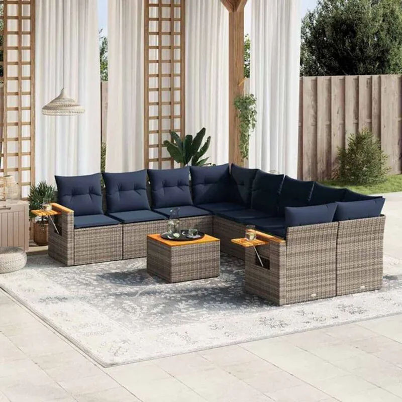 9-teilige moderne Garten-Sofagarnitur aus Poly-Rattan mit Kissen in Grau von vidaxl - Bild 1