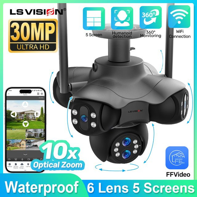 LS VISION Wifi PTZ Panorama-Überwachungskamera für den Außenbereich mit 6 Objektiven und 30 MP für die kabellose Videoüberwachung und Nachtsicht - Bild 1