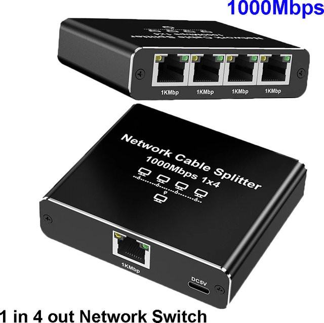 MZX 1-in-4-out Gigabit Netzwerk-Hub RJ45 Ethernet Splitter Verbinder 1000Mbps LAN Adapter in Schwarz - Bild 1