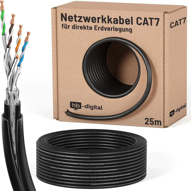 hb-digital CAT 7 Erdverlegekabel S/FTP Doppelmantel für Außenbereich, 25 m, Schwarz - Bild 1