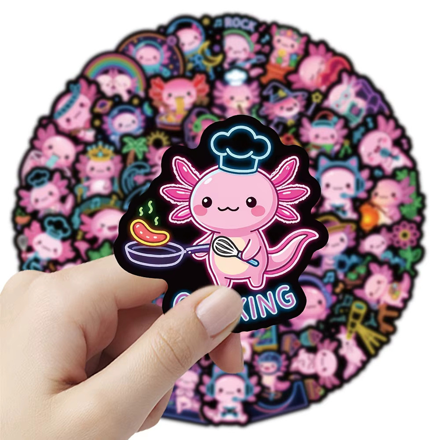 50 Stück Neon-Axolotl Aufkleber in Multicolour als bunte Cartoon-Doodles zur Dekoration von Laptops, Handyhüllen und Wasserflaschen - Bild 5