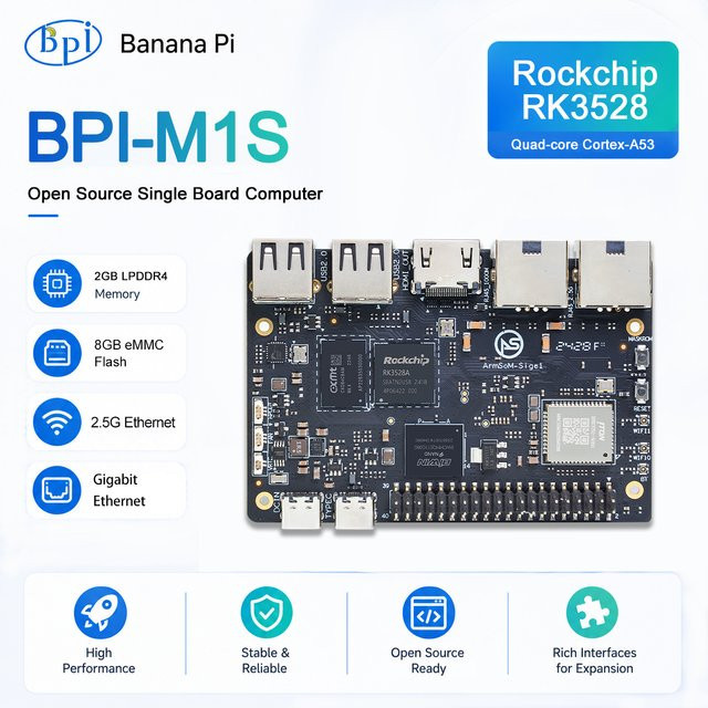 Banana Pi BPI-M1S Smart Single Board Computer mit Rockchip RK3528 Quad-Core Cortex-A53, 2GB LPDDR4x, 8GB eMMC und 4K 60fps in Schwarz - Bild 1