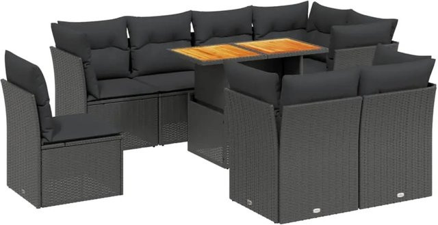 vidaXL 9-teilige Garten-Sofagarnitur aus Polyrattan in Schwarz mit Kissen und Akazienholz-Tisch - Bild 1