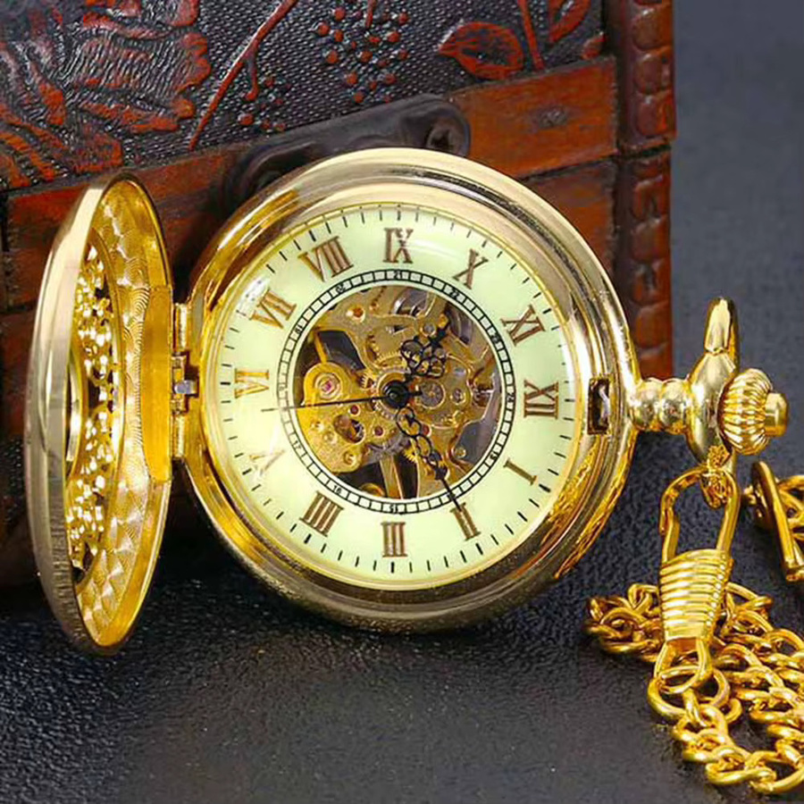 Taschenuhr mit Halskette, Gold, Vintage, Handaufzug, Unisex - Bild 3