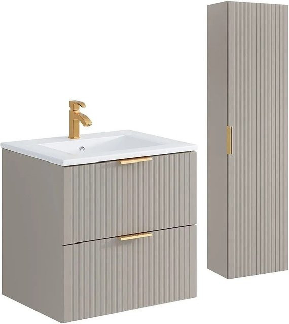 Vente-unique Badmöbel-Set Zevara in Beige im Art-Deco-Stil mit Einbauwaschbecken und Hochschrank, Breite: 60 cm - Bild 1