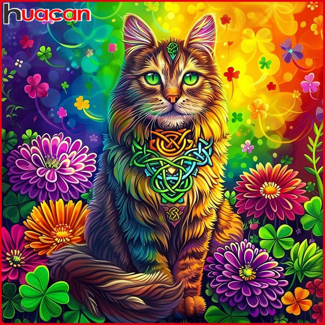 Huacan Diamantmalerei Katze mit Gänseblümchen als dekoratives Mosaik-Gemälde in Mehrfarbig, B/H: 20 x 20 cm - Bild 1