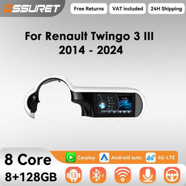 OSSURET 2DIN Multimedia Autoradio mit Android Auto und CarPlay für Renault Twingo 3 III (2014-2024), Schwarz, mit GPS, WiFi und 4G Unterstützung - Bild 1