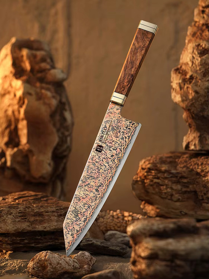 XINZUO Bunka-Messer aus 53 Lagen Damaszener-Stahl mit Kupfer-Akzenten und schwarzem G10-Griff, Farbe: Mehrfarbig - Bild 5