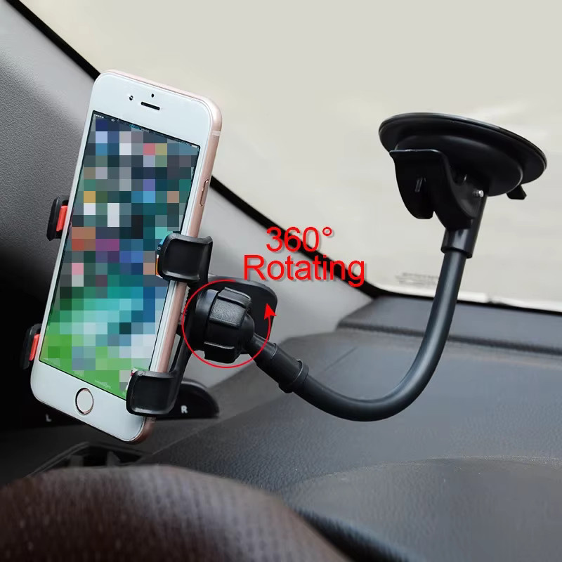 Universeller Autotelefonhalter in Schwarz mit 360 Grad Rotation für Windschutzscheibe und Armaturenbrett als flexibler Handy- und GPS-Ständer - Bild 1