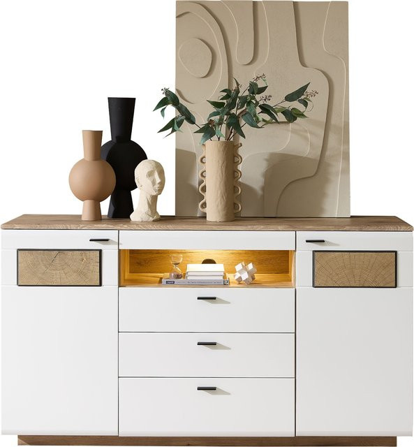 Sideboard HARPER WINDSOR aus Massivholz in Weiß und Braun mit integrierter Beleuchtung und Soft-Close-Schubladen, B/T/H: 175 x 47 x 97 cm - Bild 1