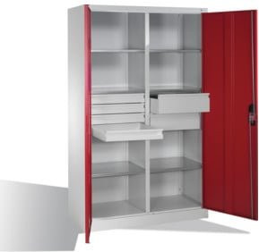 C+P Werkzeugschrank mit Drehtüren, 6 Böden und 6 Schubladen, Lichtgrau/Rubinrot, H: 195 cm, B: 120 cm, T: 50 cm - Bild 1