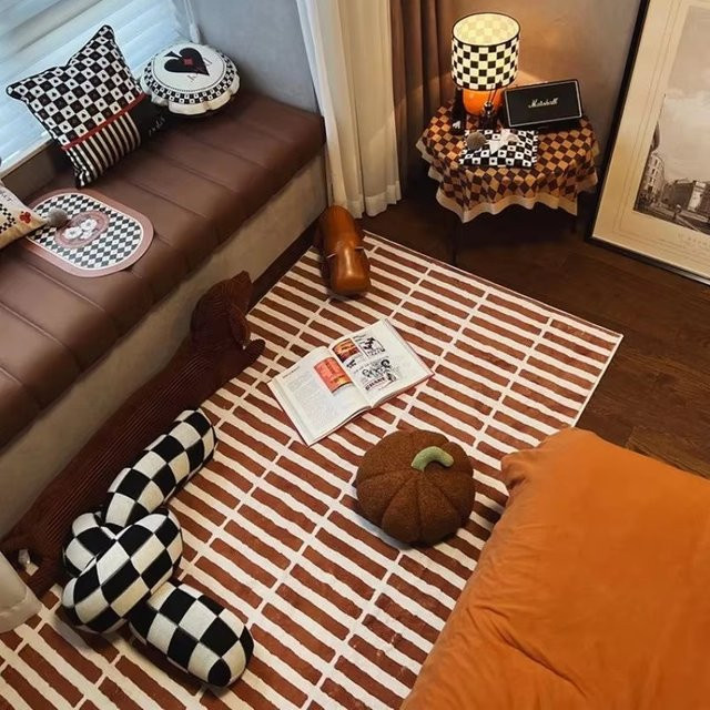 VIKAMA Retro Teppich in Braun und Weiß gestreift im amerikanischen Ins-Stil für Wohnzimmer und Schlafzimmer - Bild 1