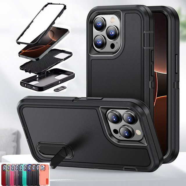 OLPAY 3-in-1 Stoßfeste Panzerhülle mit Ständer für iPhone 12 bis iPhone 17 Pro Max Plus in Schwarz und Pink - Bild 1