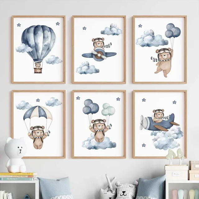 Potdemiel Boho Wandbild für das Kinderzimmer mit Bär, Flugzeug, Heißluftballon und Wolken als Leinwand Kunstdruck in Mehrfarbig - Bild 1