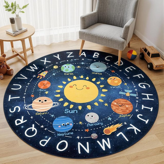 Runder Teppich Sonnensystem mit Alphabet und Planeten von YglEleven, Mehrfarbig, Durchmesser: 120 cm - Bild 1
