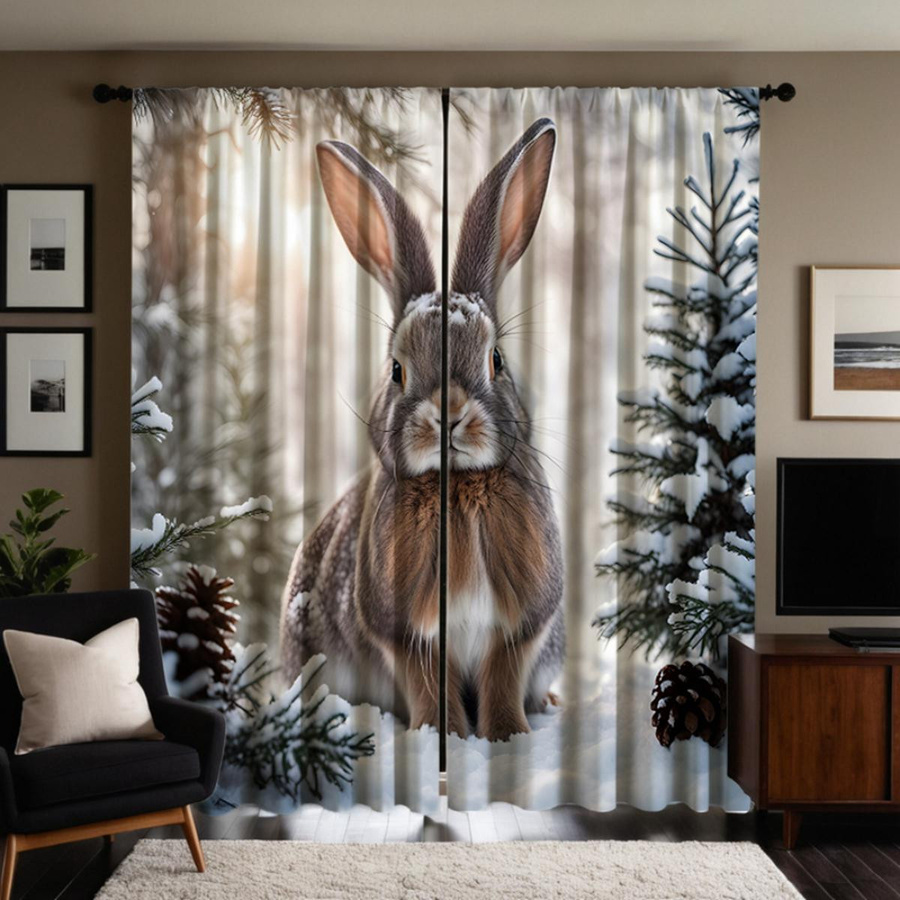 2er-Set Dekovorhang Kaninchen Motiv mit Bindeband, digital bedruckt, halbtransparent, Mehrfarbig, B: 132 cm, H: 160 cm - Bild 2