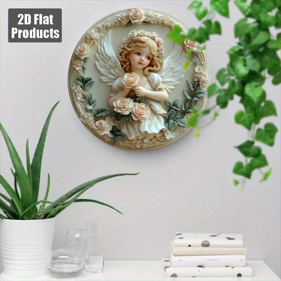 HELLOYOUNG Baby-Engel Wandkunst aus Metall mit floralem Schmetterlingsdesign, rund, Mehrfarbig, Durchmesser: 20 cm - Bild 5