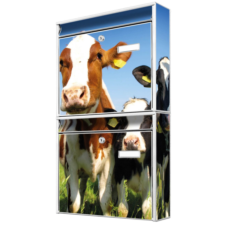 banjado Burg Wächter Briefkastenanlage für Mehrfamilienhäuser weiß mit Kuh-Motiv, B/H/T: 36,2 x 64,5 x 10 cm - Bild 1