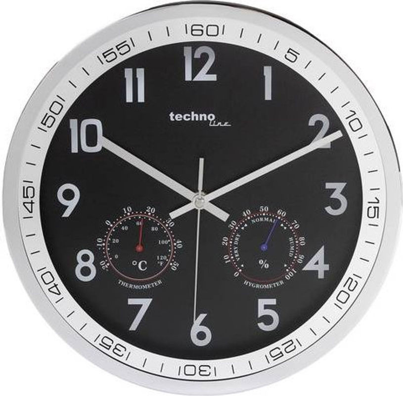 Techno Line WT 7981 Quarz Wanduhr mit Thermometer und Hygrometer, rund, Metall, Silber/Schwarz, Durchmesser: 30 cm, Tiefe: 5 cm - Bild 1