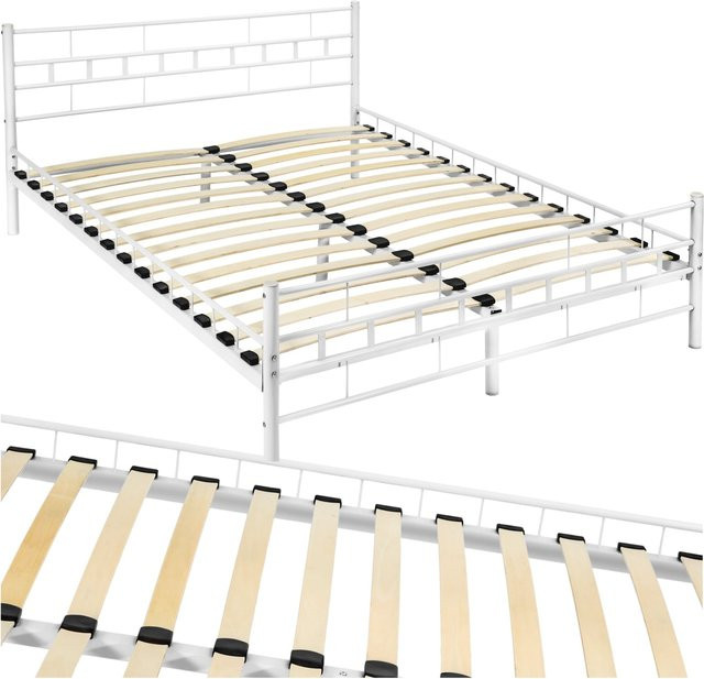 tectake Metallbett aus lackiertem Stahl mit Holzlattenrost in Weiß, B/T/H: 140 x 200 x 76 cm - Bild 1