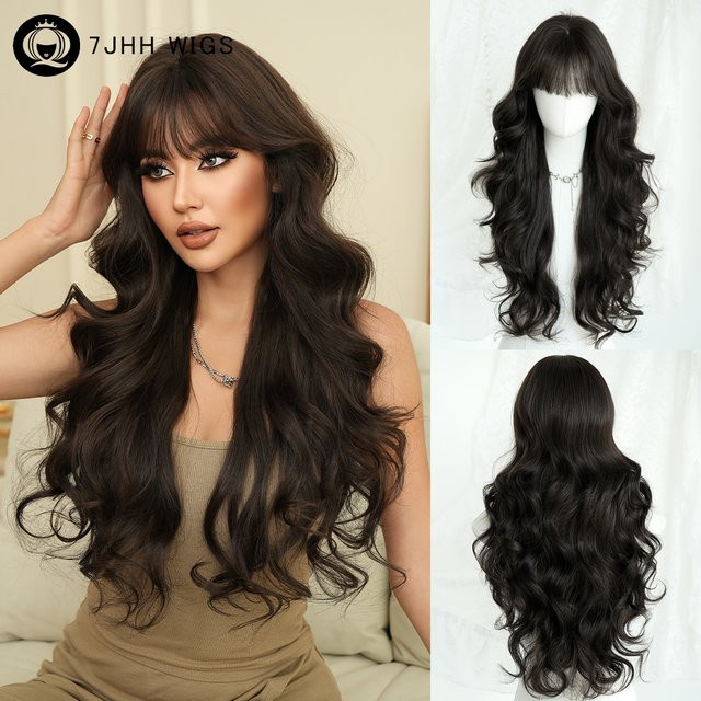 7JHH WIGS Perücke für Damen, lange gewellte Kunsthaarperücke, dunkelbraun, schwarze Teefarbe, mit Pony - Bild 1