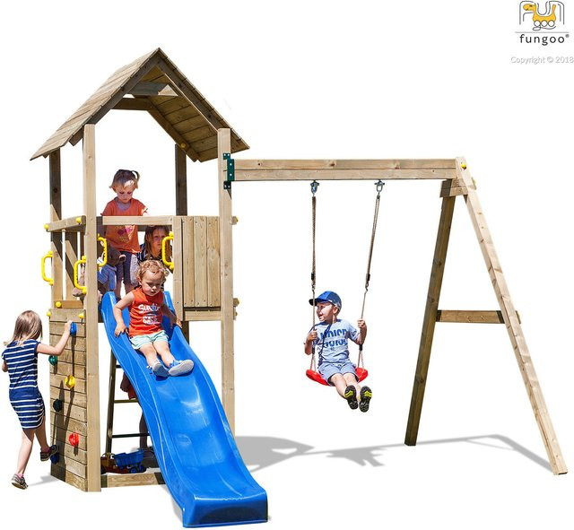 Fungoo Spielturm Carol 2 Klettergerüst mit Rutsche, Schaukel und Kletterwand in Natur - Bild 1