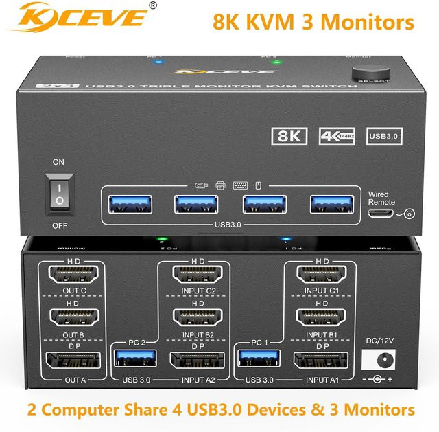 KCEVE 8K Triple Monitor KVM Switcher mit USB 3.0 Hub, HDMI und DisplayPort Docking Station für 2 Computer, Schwarz - Bild 1