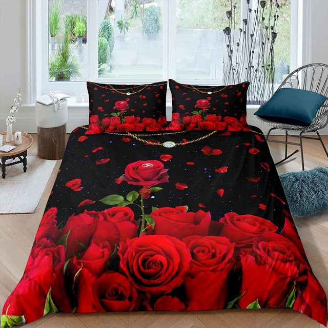 Bettwäsche-Set Your Warm Home mit Rosenblüten-Print in Rot, 3-teilig, King Size, B/H: 210 x 210 cm - Bild 1