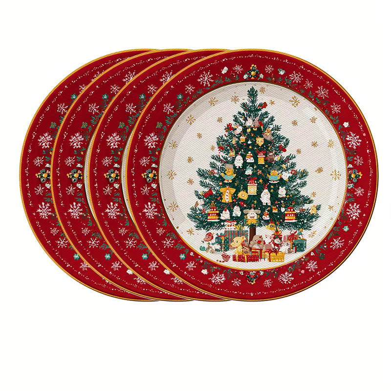 VIKAMA 4er Set Weihnachts-Platzsets aus Leinen mit Schneeflocken- und Kiefernmuster in Rot, Durchmesser: 38 cm - Bild 5