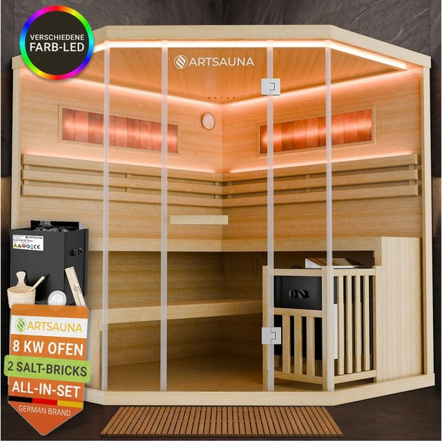 ARTSAUNA Vantaa Natur Traditionelle Indoorsauna für 4 Personen aus Hemlock Holz mit 8 kW Saunaofen und RGB LED Beleuchtung - Bild 1
