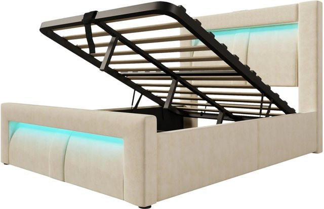 Merax Polsterbett mit LED-Unterbettbeleuchtung und USB-C Ladestation in Beige, B/T/H: 90 x 200 x 45,5 cm (Höhe des Bettgestells) - Bild 1