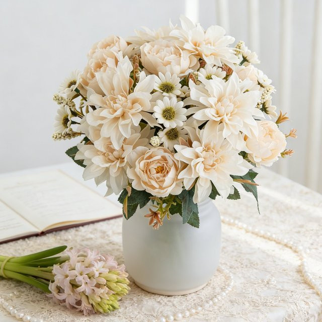 ZQCY Künstliche Blumen Set aus Seide mit Dahlien, Rosen und Gänseblümchen in Weiß für Tischdekoration, Hochzeiten und DIY-Geschenke - Bild 1