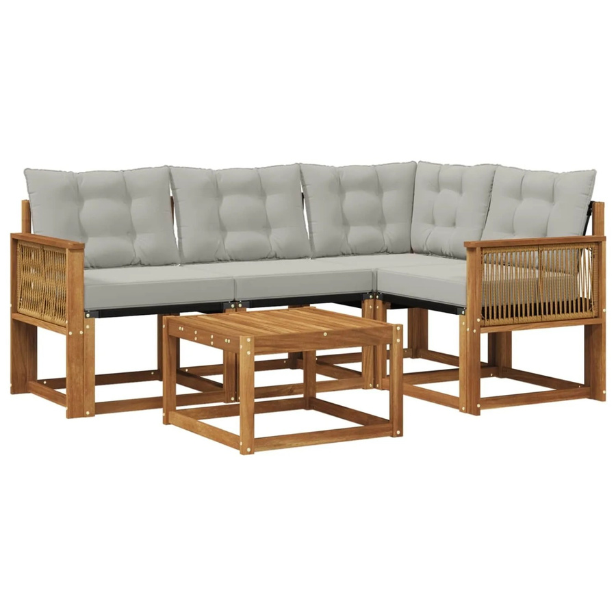 vidaXL Outdoor-Sofagarnitur in L-Form aus Akazienholz mit Textilene und hellgrauen Kissen - Bild 2
