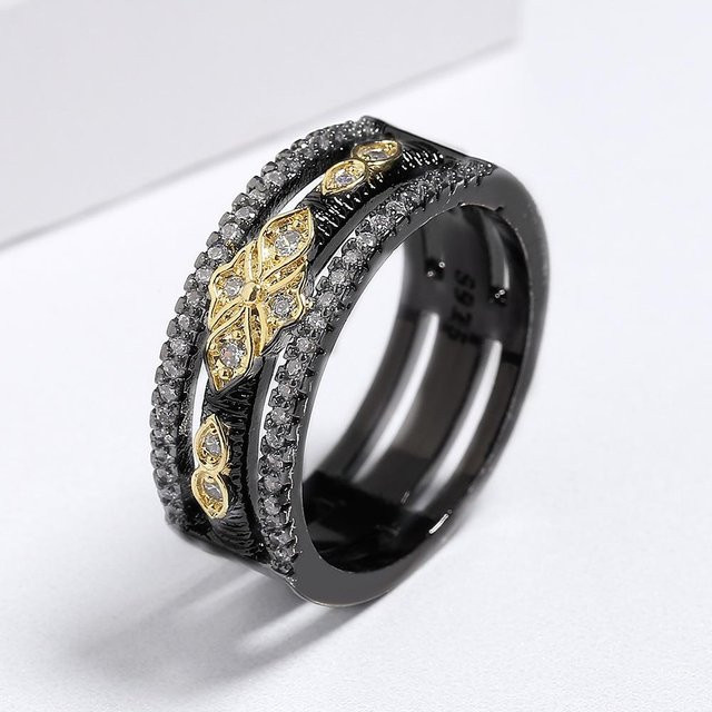 YIRAN Jewelry Damenring, Bicolor, Kupfer, Zirkonia, Schwarz und Gold - Bild 1
