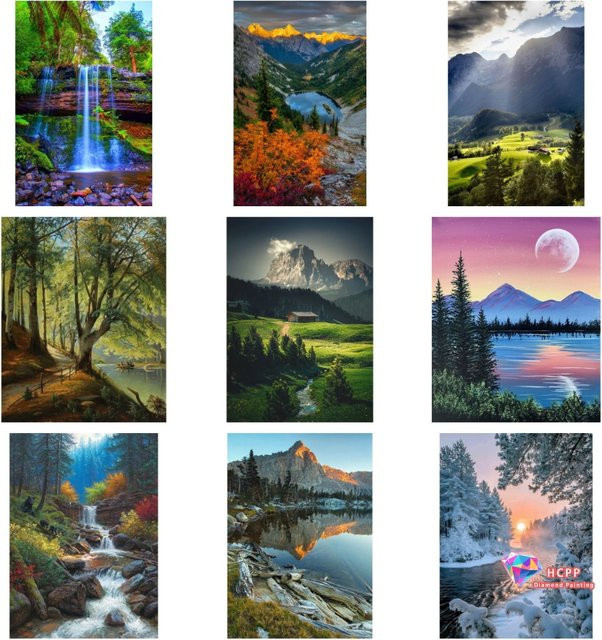 Potdemiel 5D Diamond Painting Set Naturlandschaft mit Seen und Bergen, Rund, Mehrfarbig - Bild 1