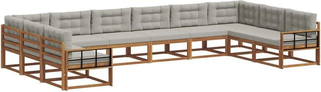 vidaXL Outdoor-Sofagarnitur aus massivem Akazienholz mit Kissen, 10-teiliges Set, Natur und Hellgrau - Bild 1