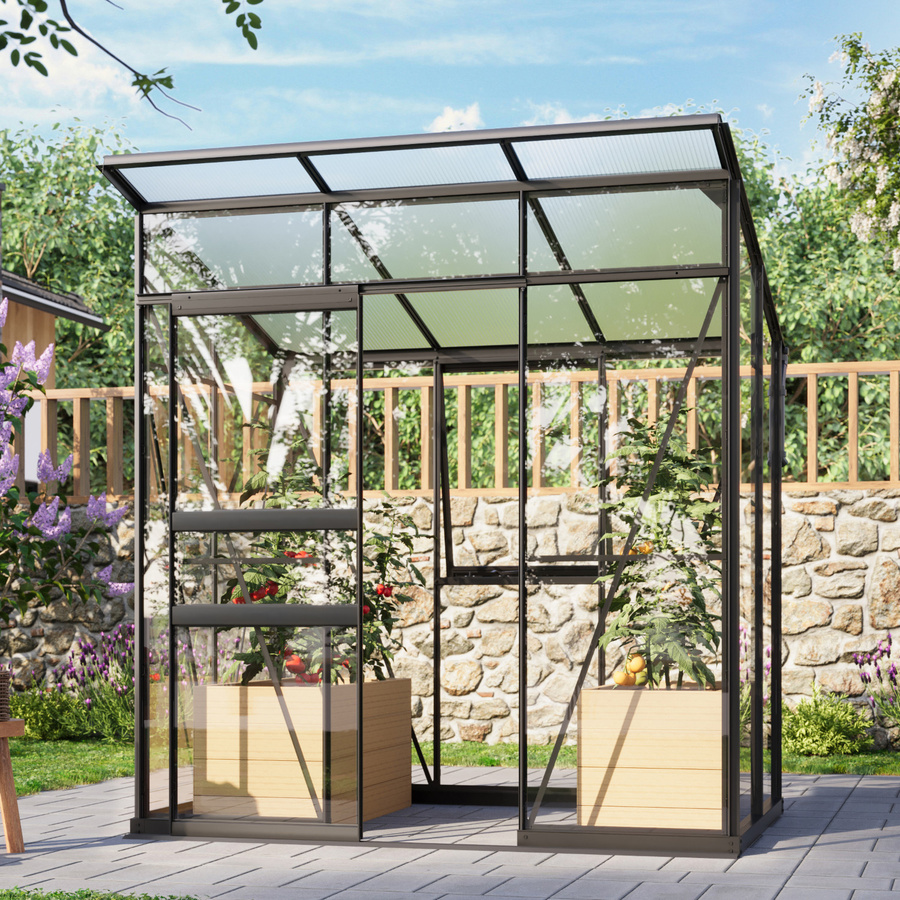 Vitavia Gewächshaus Palma 3250 Schwarz mit Stahlfundamentrahmen, Schiebetür und Pultdach für die Pflanzenzucht, 2,5 m² - Bild 3