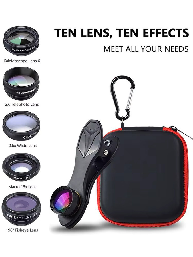 APEXEL 10-in-1 Smartphone Kameraobjektiv-Set mit Fisheye, Weitwinkel, Makro, Teleskop und CPL-Filter in Schwarz - Bild 6