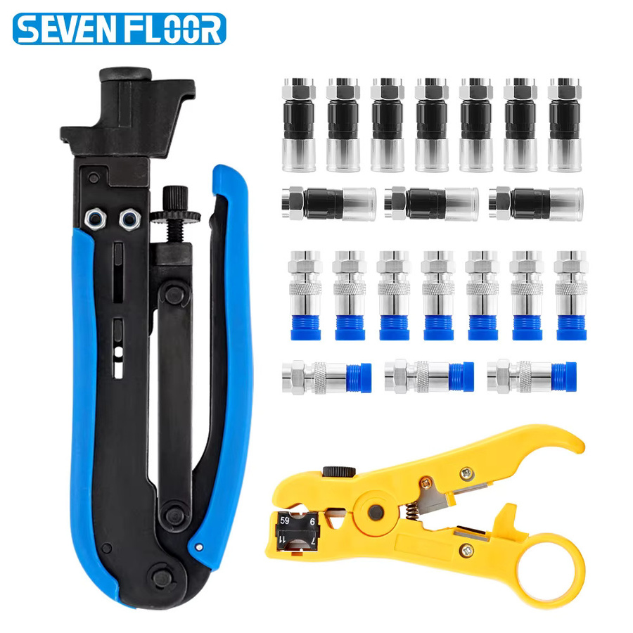 Koaxialkabel-Crimper-Set mit 20 RG6-F-Anschlüssen und verstellbarem RG6-Abisolierer sowie Koaxial-Kompressionswerkzeug von Seven Floor - Bild 1