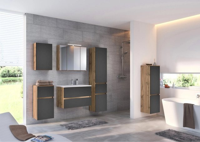 Held Möbel Waschtisch-Set Bari 2-tlg. in matt Grau-Wotaneiche mit Mineralgussbecken und Spiegelschrank, Breite: 80 cm - Bild 1