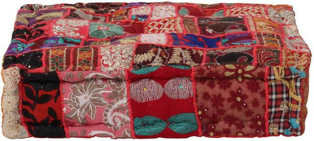 vidaXL Patchwork-Pouf aus Baumwolle in Rot und Multicolour, B/T/H: 50 x 50 x 12 cm - Bild 3