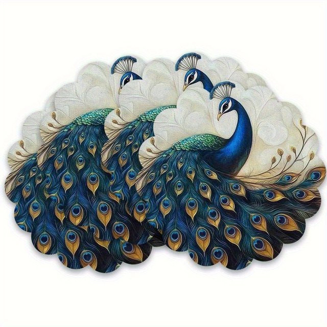 VIKAMA 4er-Set Platzsets aus Leinen mit Pfauenfeder-Design in Blau Grün Gold, rund, Durchmesser: 38 cm - Bild 1