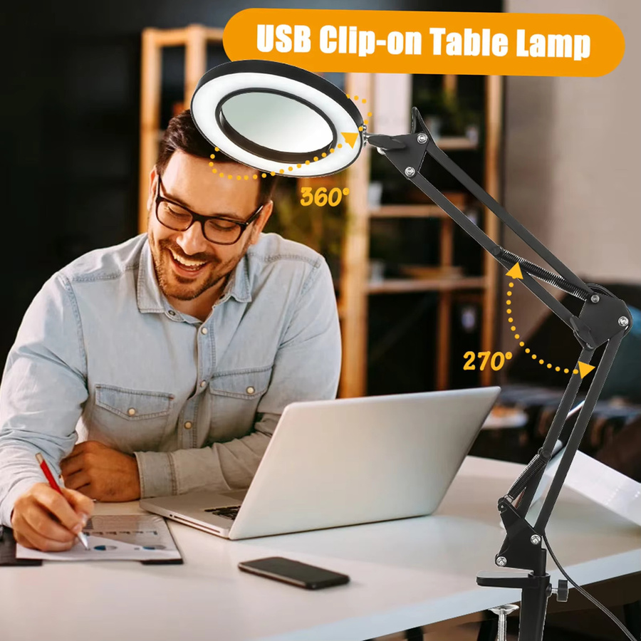 DBF 8-fache Lupe mit Licht und Ständer, dimmbare 2-in-1 Schreibtischlampe mit verstellbarem Schwenkarm und Klemme für Bastelarbeiten, Lesen und Reparaturen - Bild 4