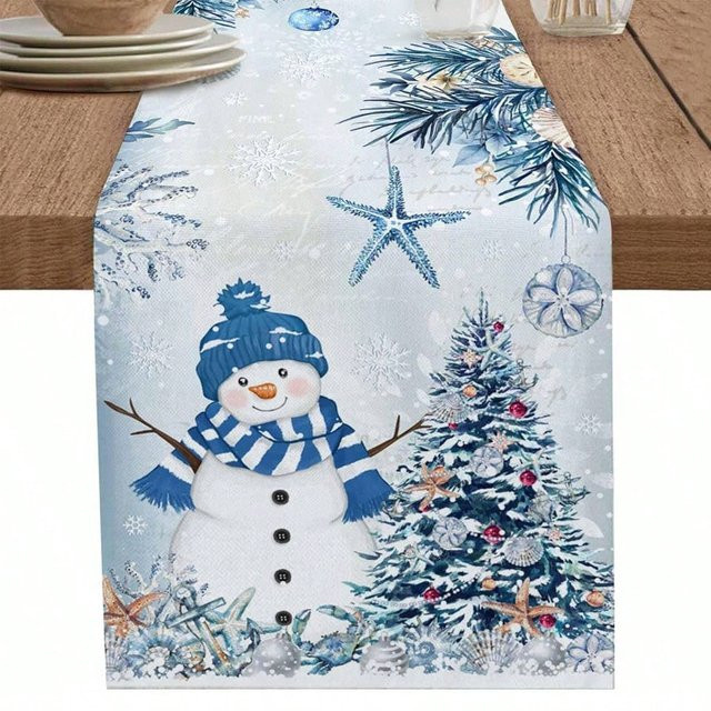 JIT Tischläufer Küsten-Weihnachtsschneemann in Blau aus Polyester, maritime Weihnachtsdekoration für deinen Esstisch, Breite: 30,0 cm - Bild 1