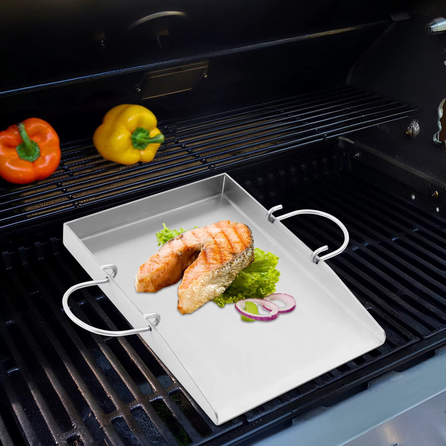 Bymaocar Edelstahl Grillplatte mit Griffen für Gasgrills und Holzkohlegrills, Silber - Bild 2