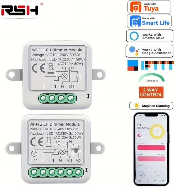 Tuya Smart Dimmer-Schaltermodul für WLAN oder ZigBee, dimmbarer 2-Wege Lichtschalter in Weiß zur Unterputzmontage, kompatibel mit Alexa und Google Home zur App-Fernsteuerung - Bild 1